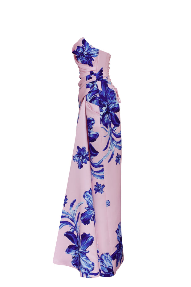 Strapless pink maxi dress with blue-flowered pattern, Glow-Up