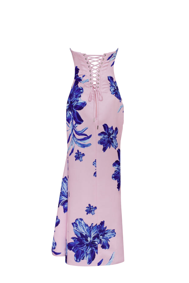 Strapless pink maxi dress with blue-flowered pattern, Glow-Up