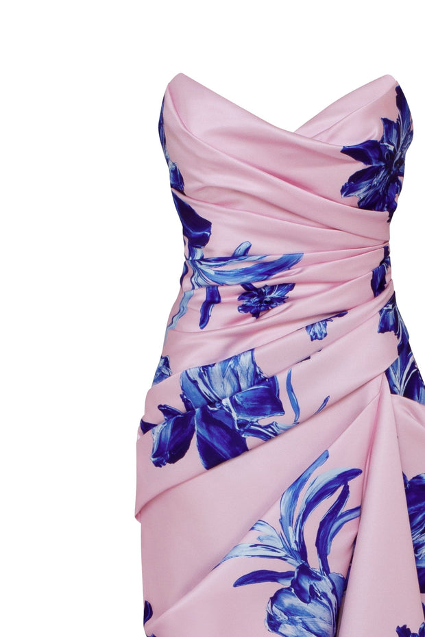 Strapless pink maxi dress with blue-flowered pattern, Glow-Up