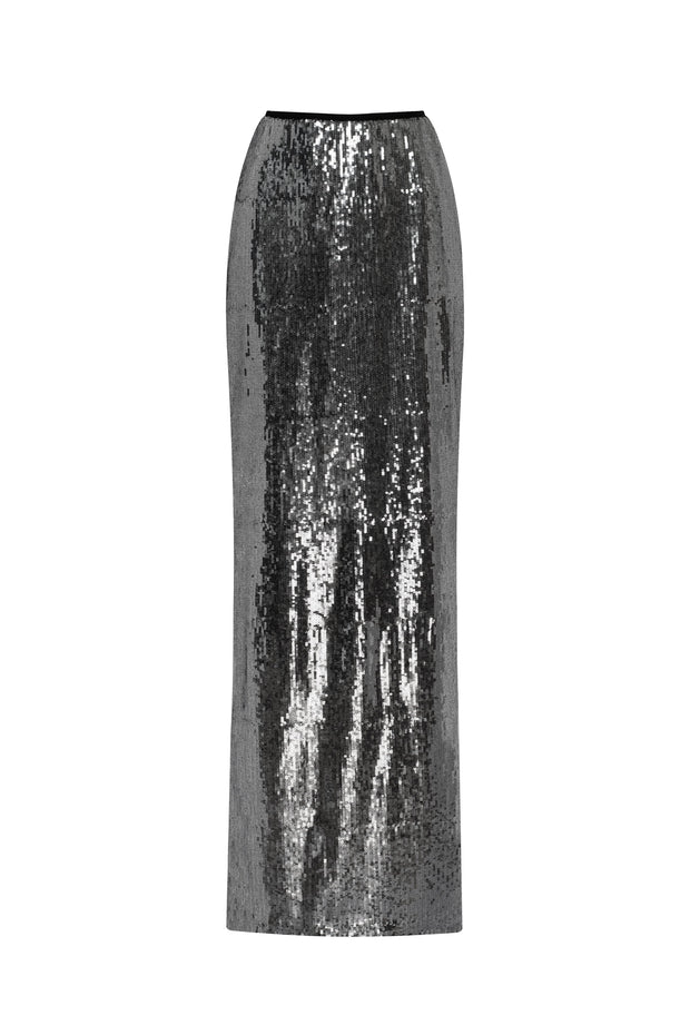 Dramatic fitted sequined gray maxi skirt