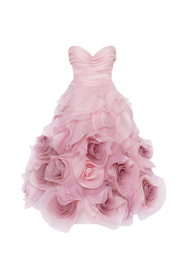 Dramatic flowered organza midi dress in misty rose, Glow-Up