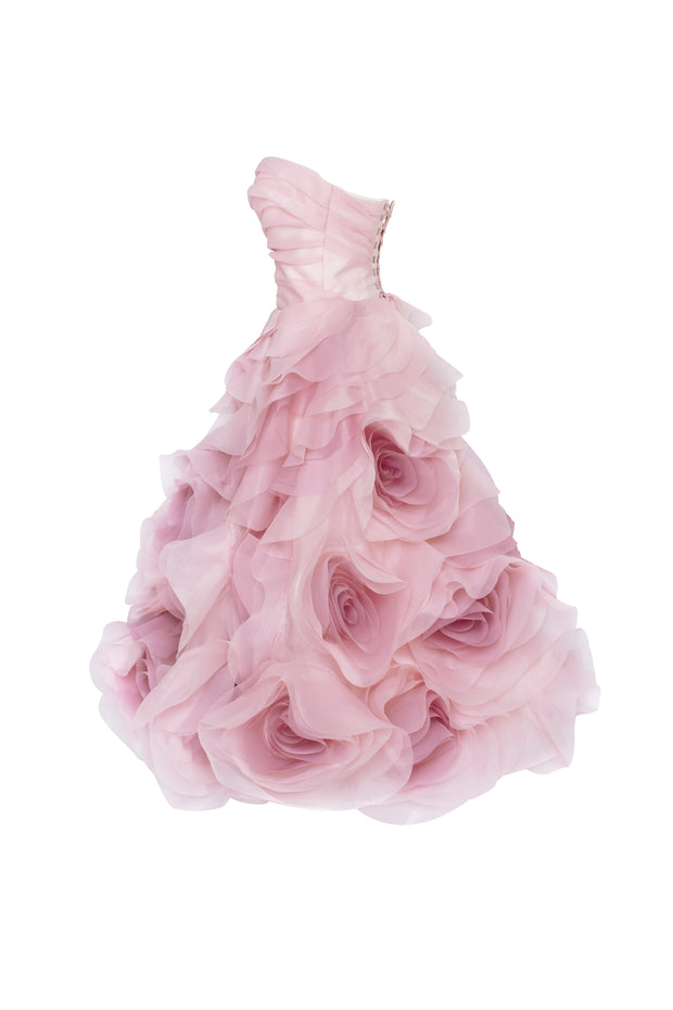 Dramatic flowered organza midi dress in misty rose, Glow-Up