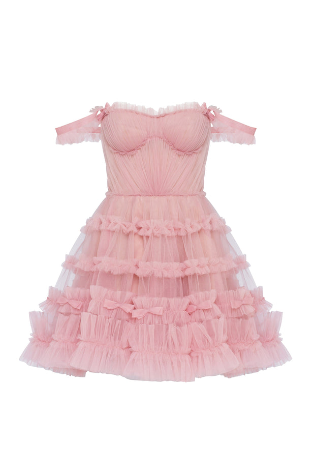 Flirty ruffled tulle mini dress in misty rose, Glow-Up