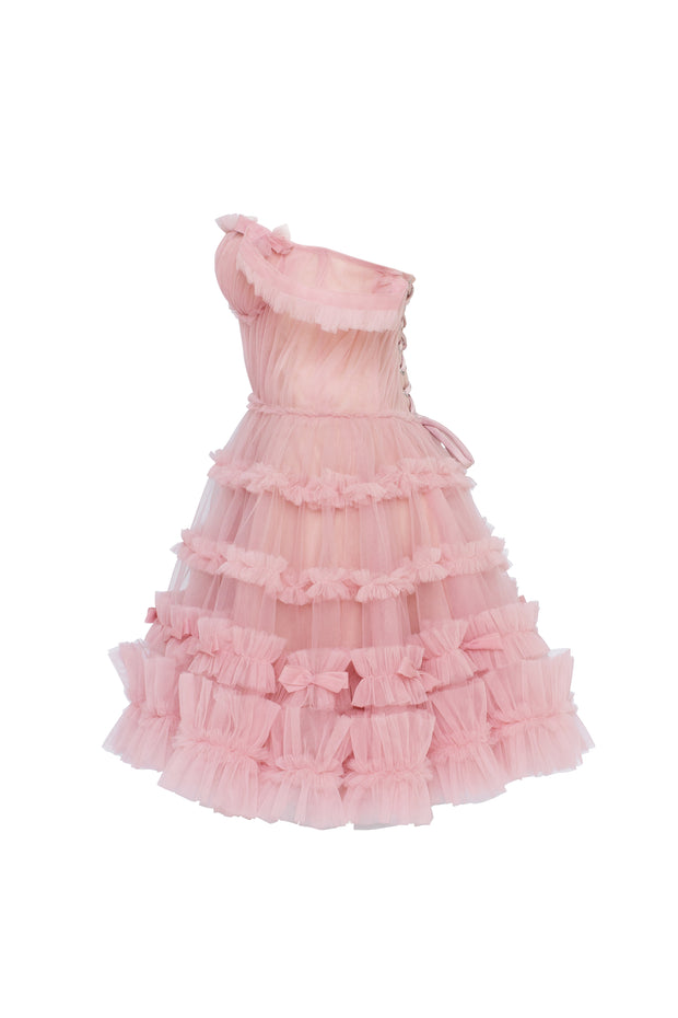 Flirty ruffled tulle mini dress in misty rose, Glow-Up