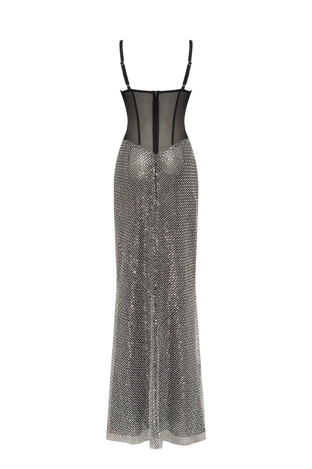 Black corset maxi dress with silver sequined maxi skirt, Smoky Quartz