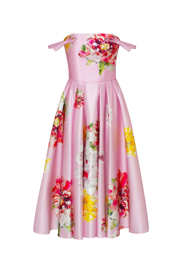 Tea-length pastel pink floral dress, Glow-Up