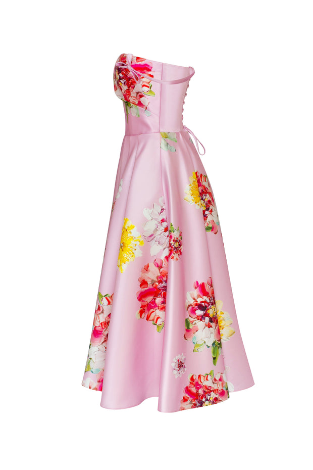 Tea-length pastel pink floral dress, Glow-Up