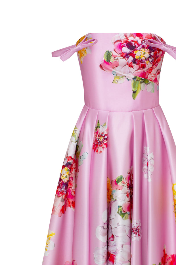 Tea-length pastel pink floral dress, Glow-Up