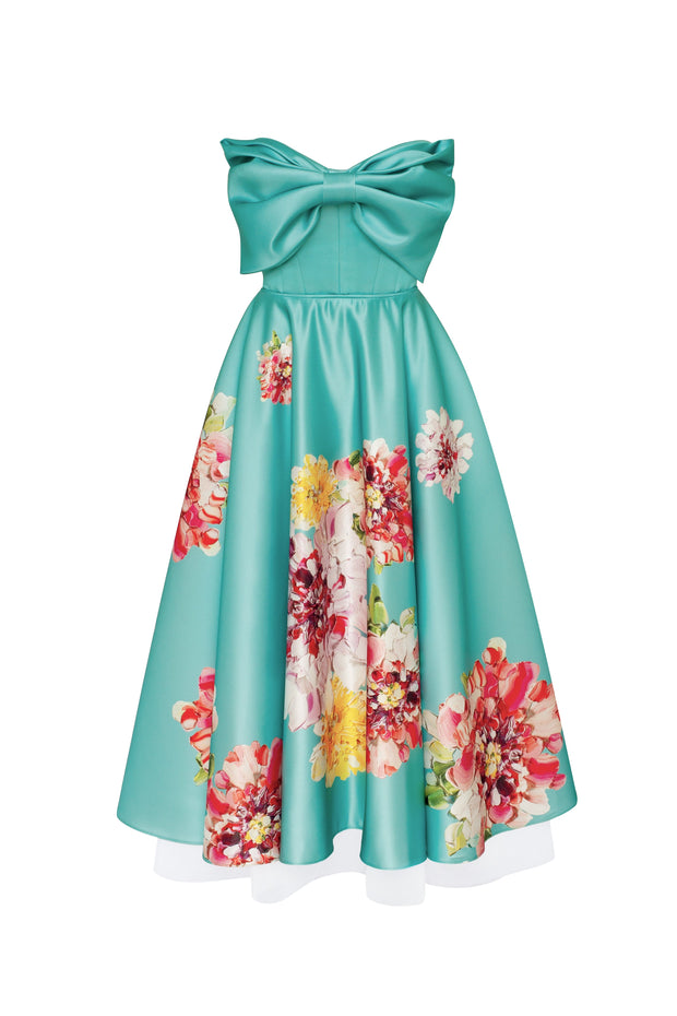 Playful aquamarine floral midi dress with bow, Glow-Up