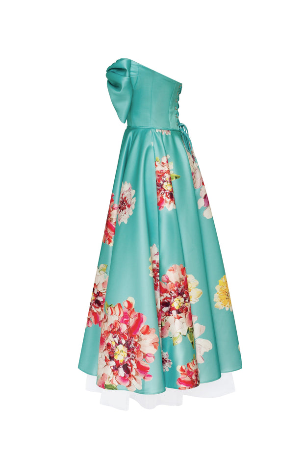 Playful aquamarine floral midi dress with bow, Glow-Up