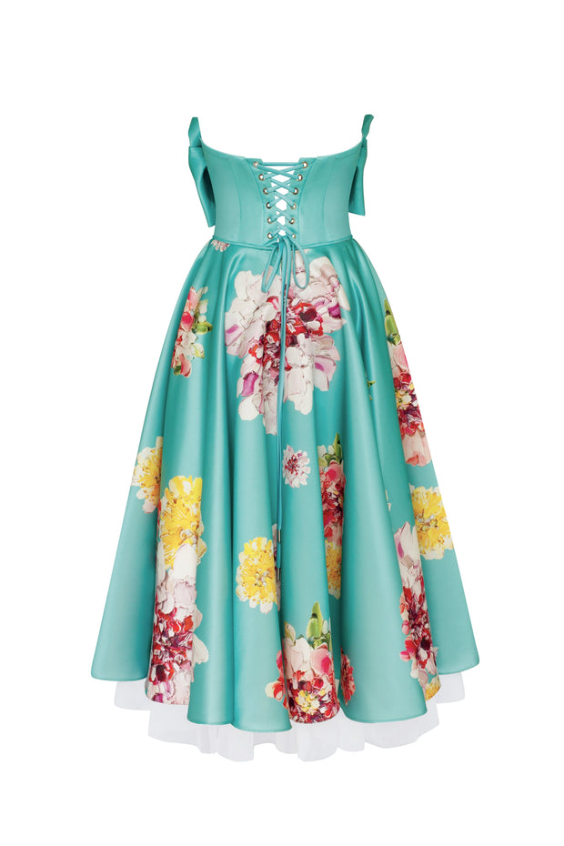 Playful aquamarine floral midi dress with bow, Glow-Up