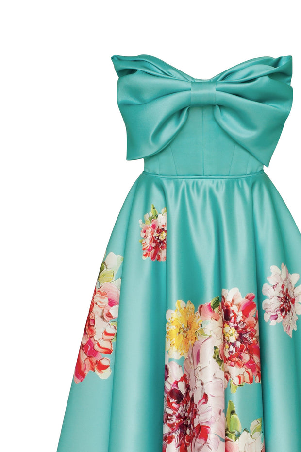 Playful aquamarine floral midi dress with bow, Glow-Up