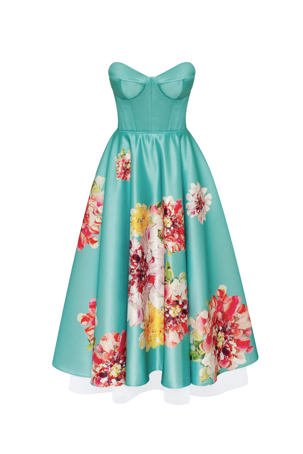 Playful aquamarine floral midi dress with bow, Glow-Up