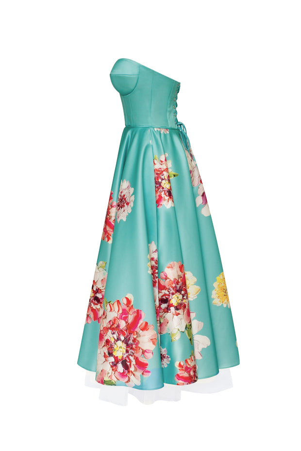 Playful aquamarine floral midi dress with bow, Glow-Up