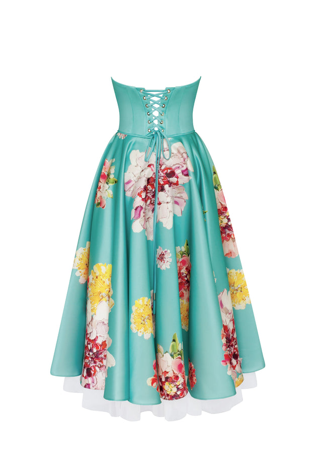 Playful aquamarine floral midi dress with bow, Glow-Up