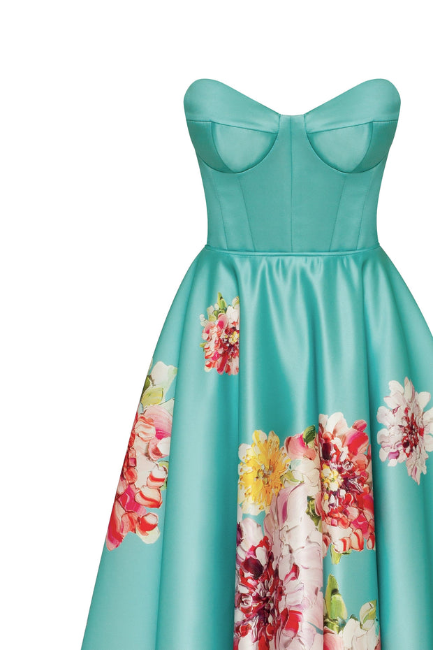 Playful aquamarine floral midi dress with bow, Glow-Up