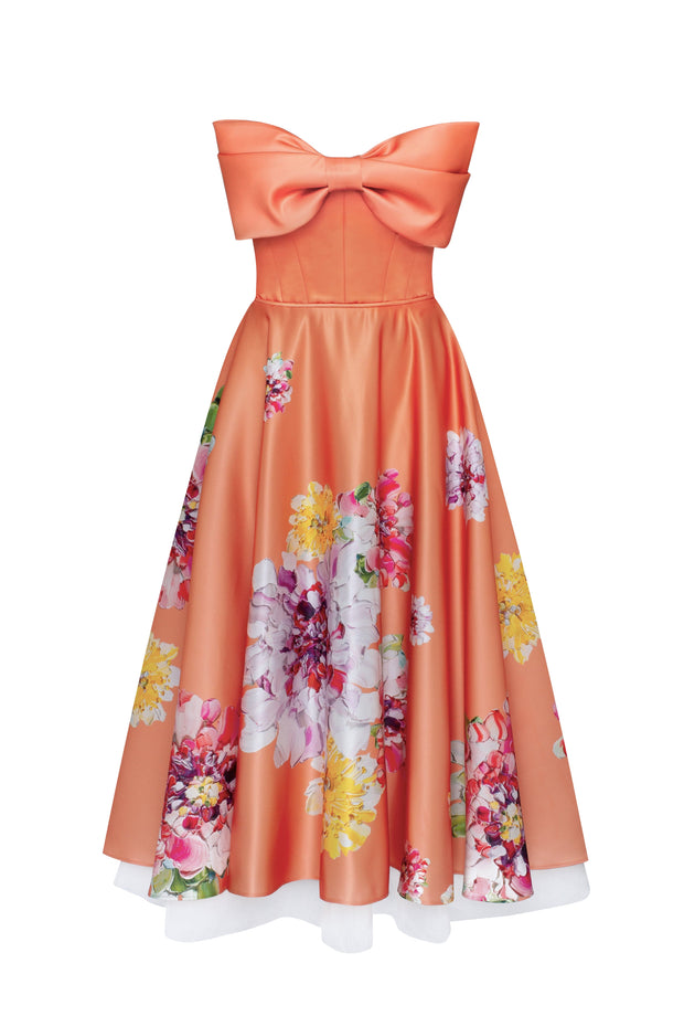 Playful orange floral midi dress with bow, Glow-Up