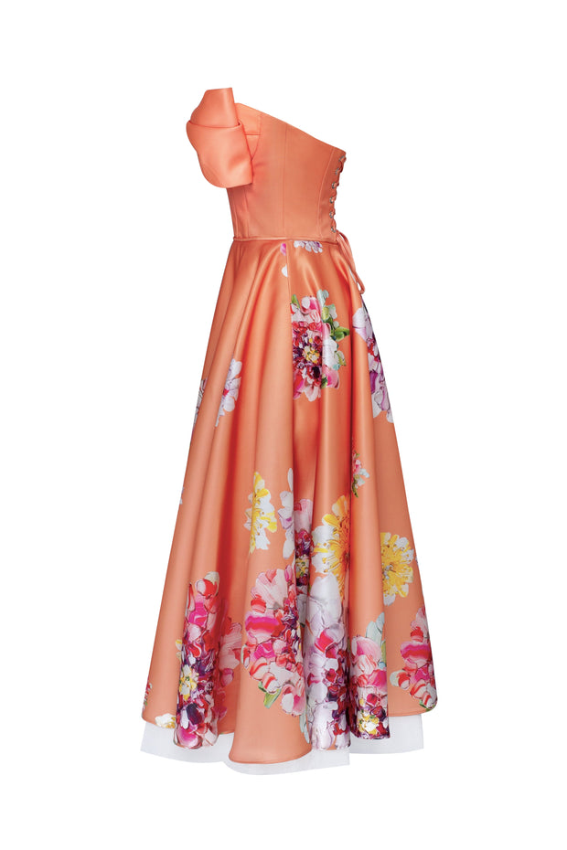 Playful orange floral midi dress with bow, Glow-Up