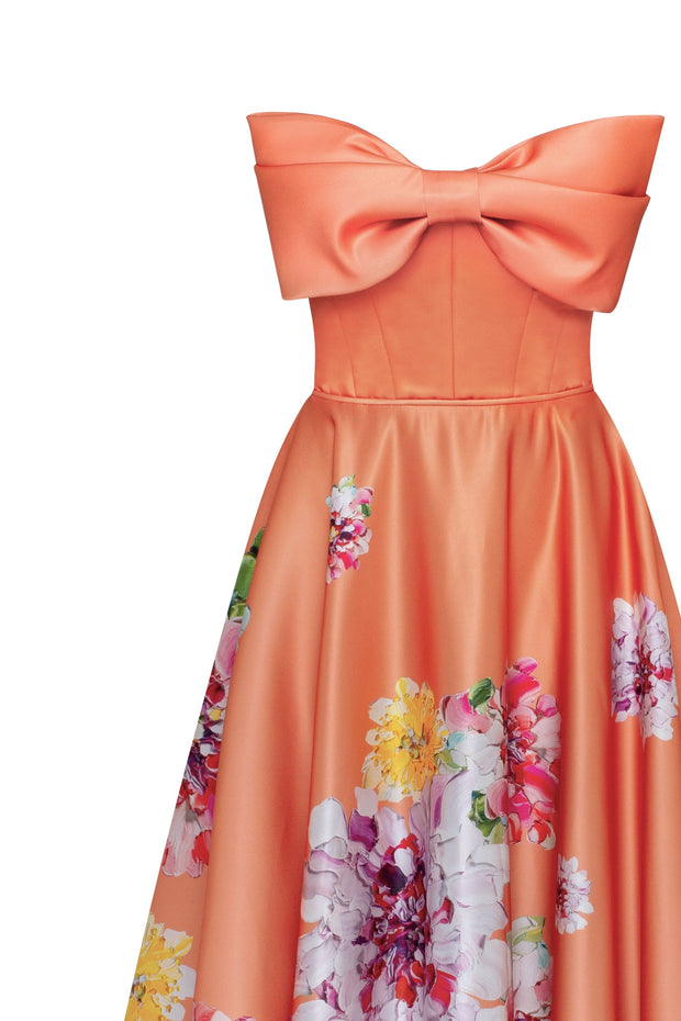 Playful orange floral midi dress with bow, Glow-Up