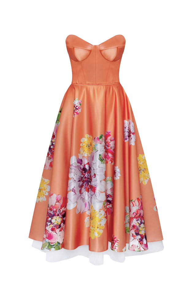 Playful orange floral midi dress with bow, Glow-Up