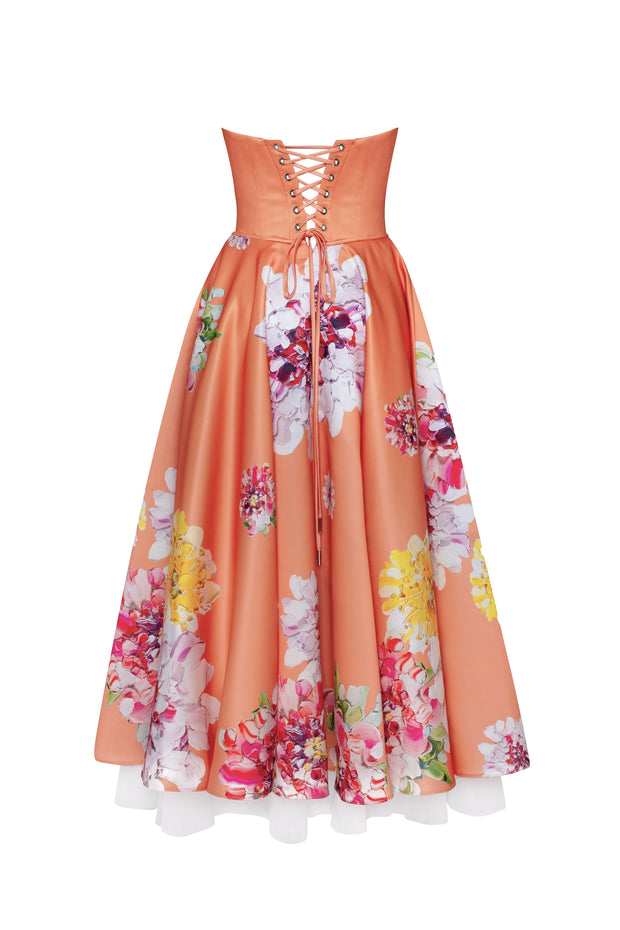 Playful orange floral midi dress with bow, Glow-Up