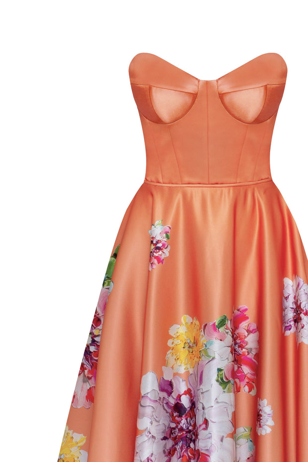 Playful orange floral midi dress with bow, Glow-Up