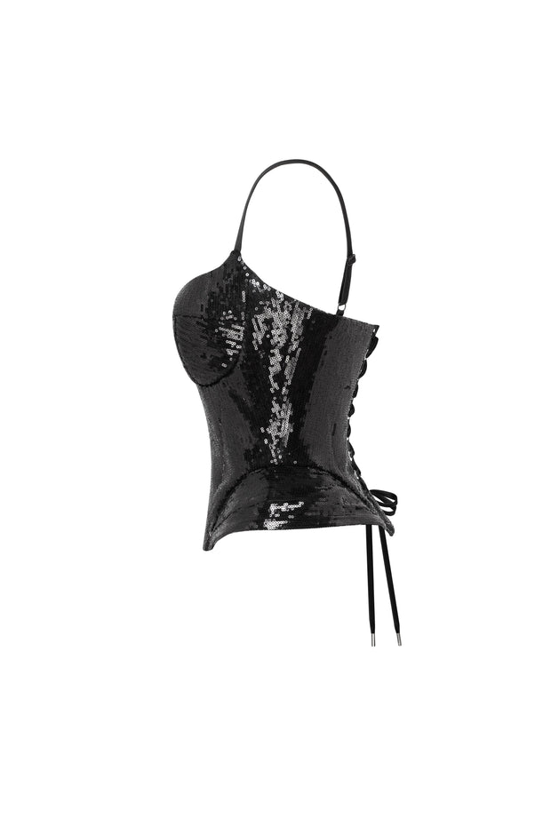 Sensational spaghetti straps sequined black corset  