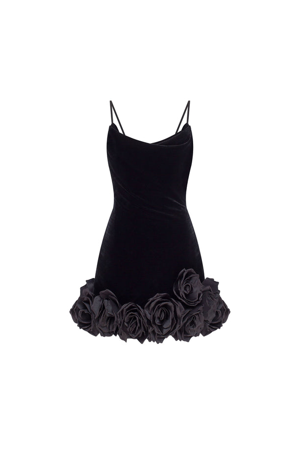 Black velvet mini dress with 3D flowers