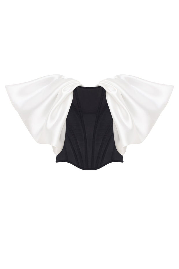 Sophisticated black fitted corset with white satin off-the-shoulder sleeves