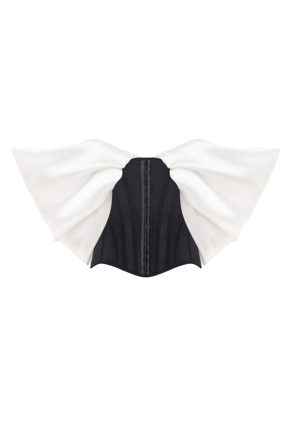 Sophisticated black fitted corset with white satin off-the-shoulder sleeves