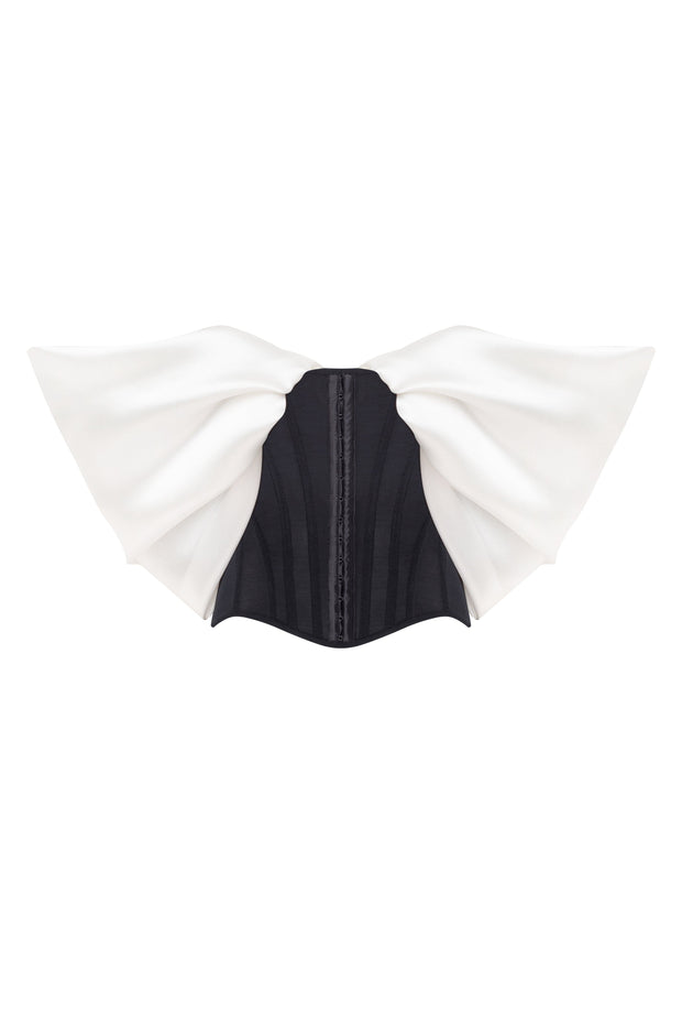 Sophisticated black fitted corset with white satin off-the-shoulder sleeves