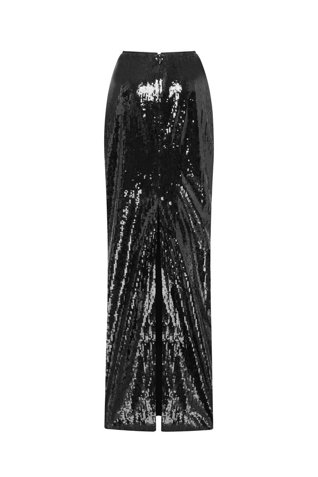 Dramatic fitted sequined black maxi skirt