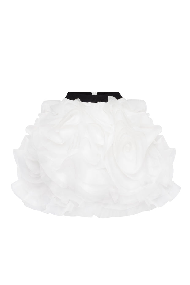 Danceable mini skirt with ruched flower appliques in white, Midnight Walk