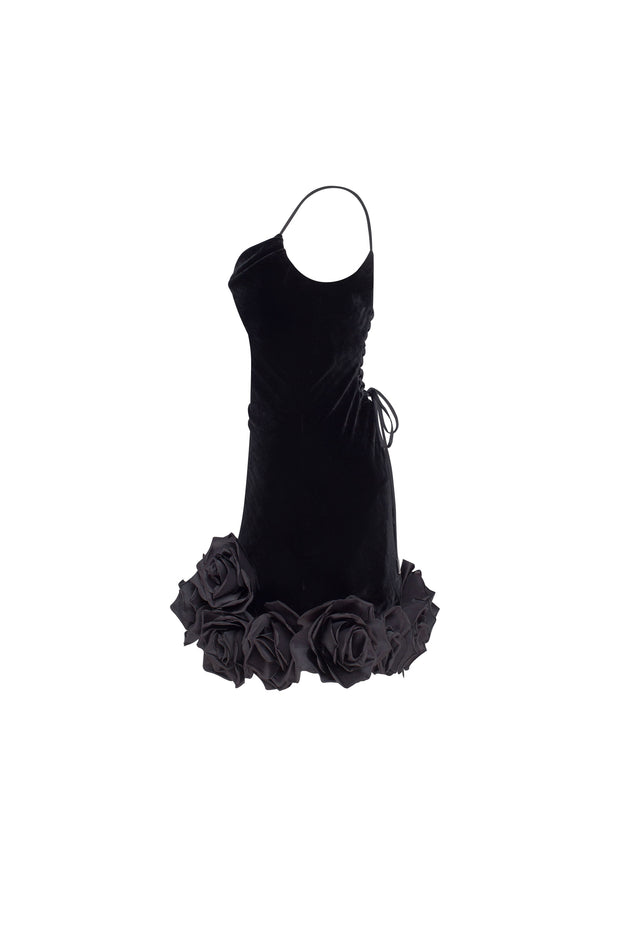Black velvet mini dress with 3D flowers