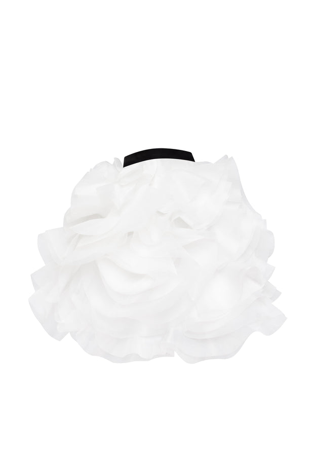 Danceable mini skirt with ruched flower appliques in white, Midnight Walk