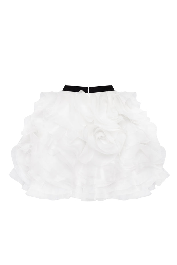 Danceable mini skirt with ruched flower appliques in white