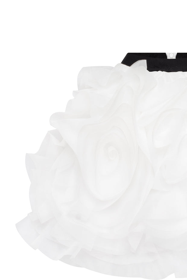 Danceable mini skirt with ruched flower appliques in white, Midnight Walk