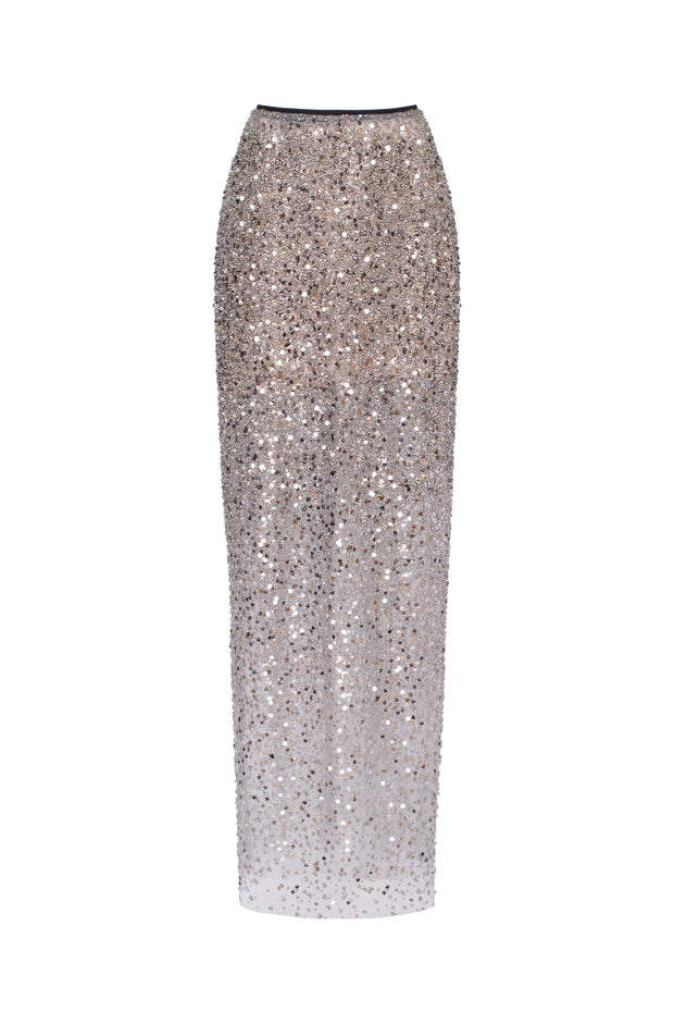 Showstopper fully sequined silver fitted maxi skirt