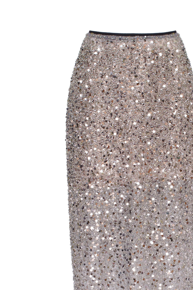 Showstopper fully sequined silver fitted maxi skirt