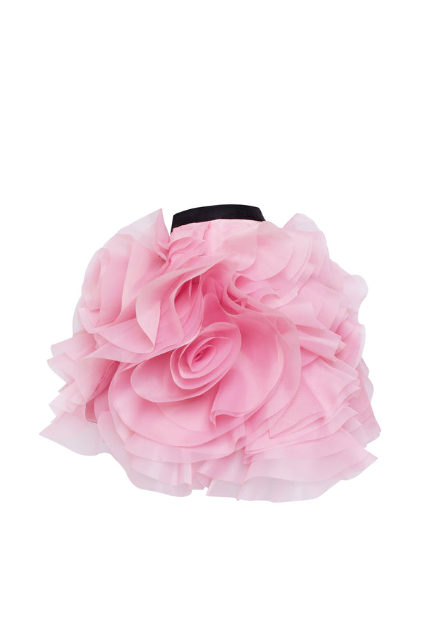 Danceable mini skirt with ruched flower appliques in pink