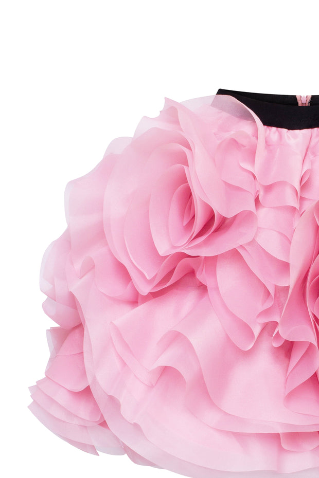 Danceable mini skirt with ruched flower appliques in pink