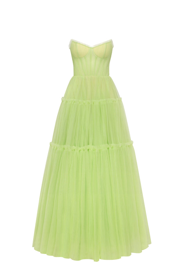 Light green tulle maxi dress with ruffled skirt, Garden of Eden