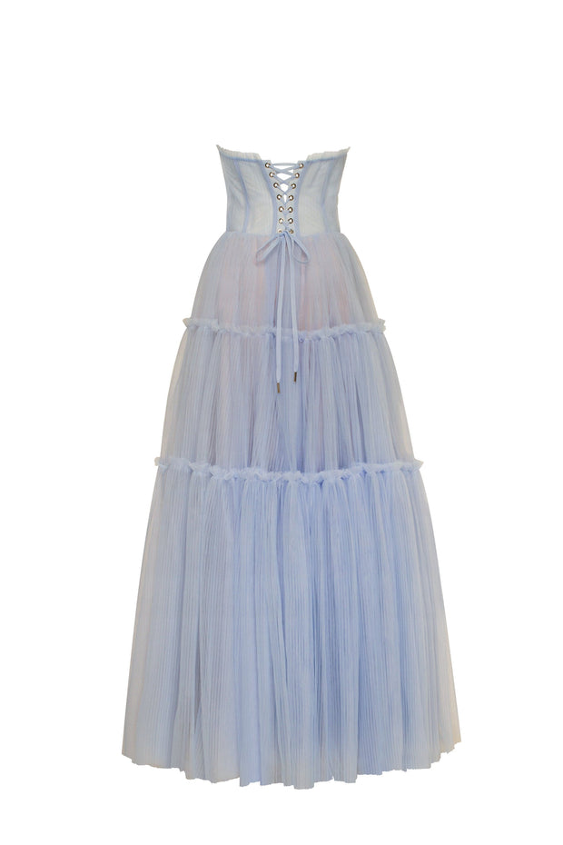 Cloudy blue tulle maxi dress with ruffled skirt, Garden of Eden