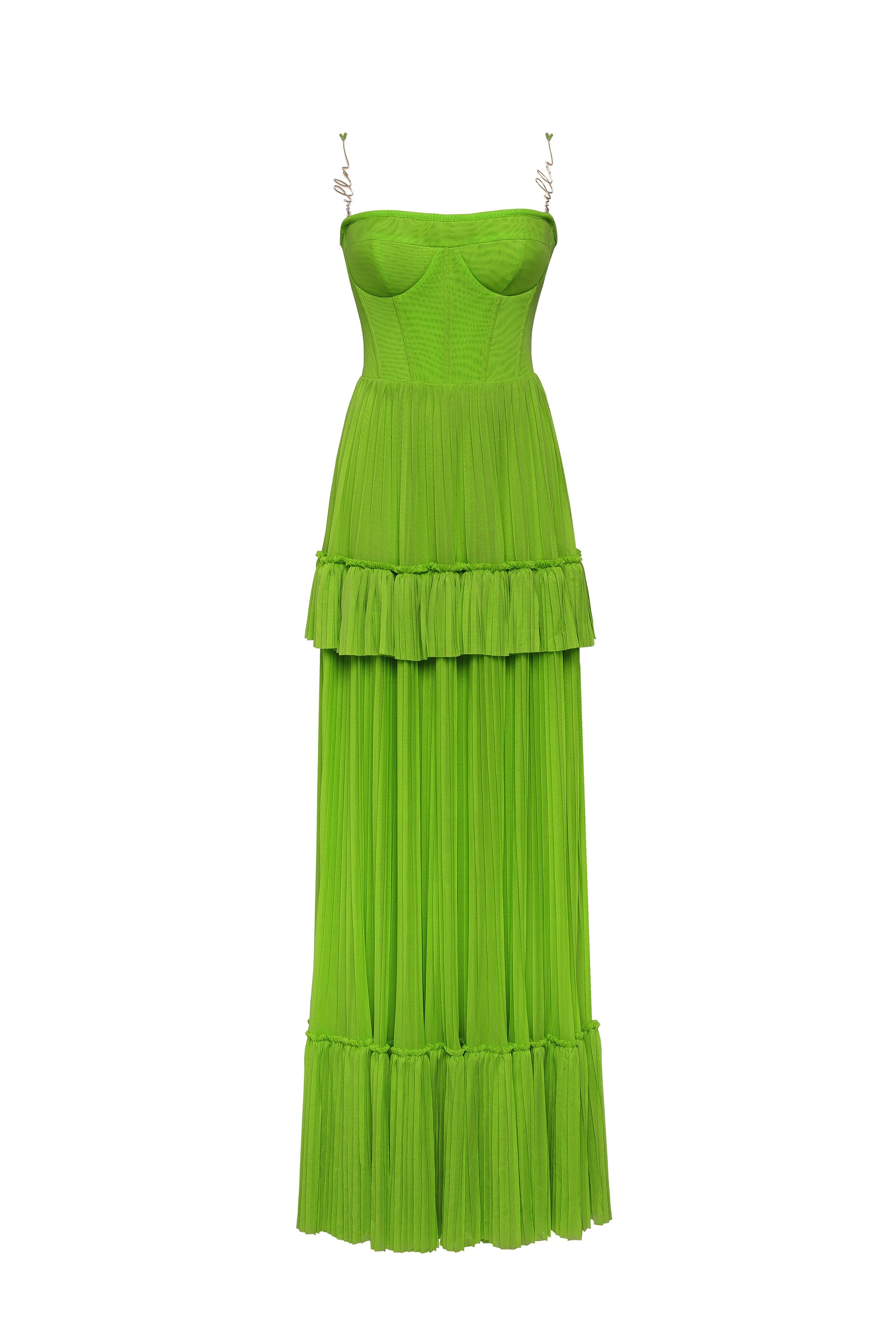 Green spaghetti strap pleated maxi dress, Garden of Eden