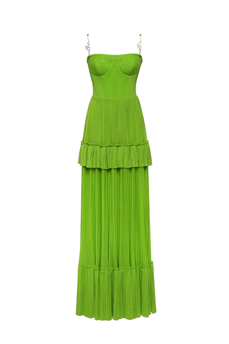Green spaghetti strap pleated maxi dress, Garden of Eden Milla Dresses ...