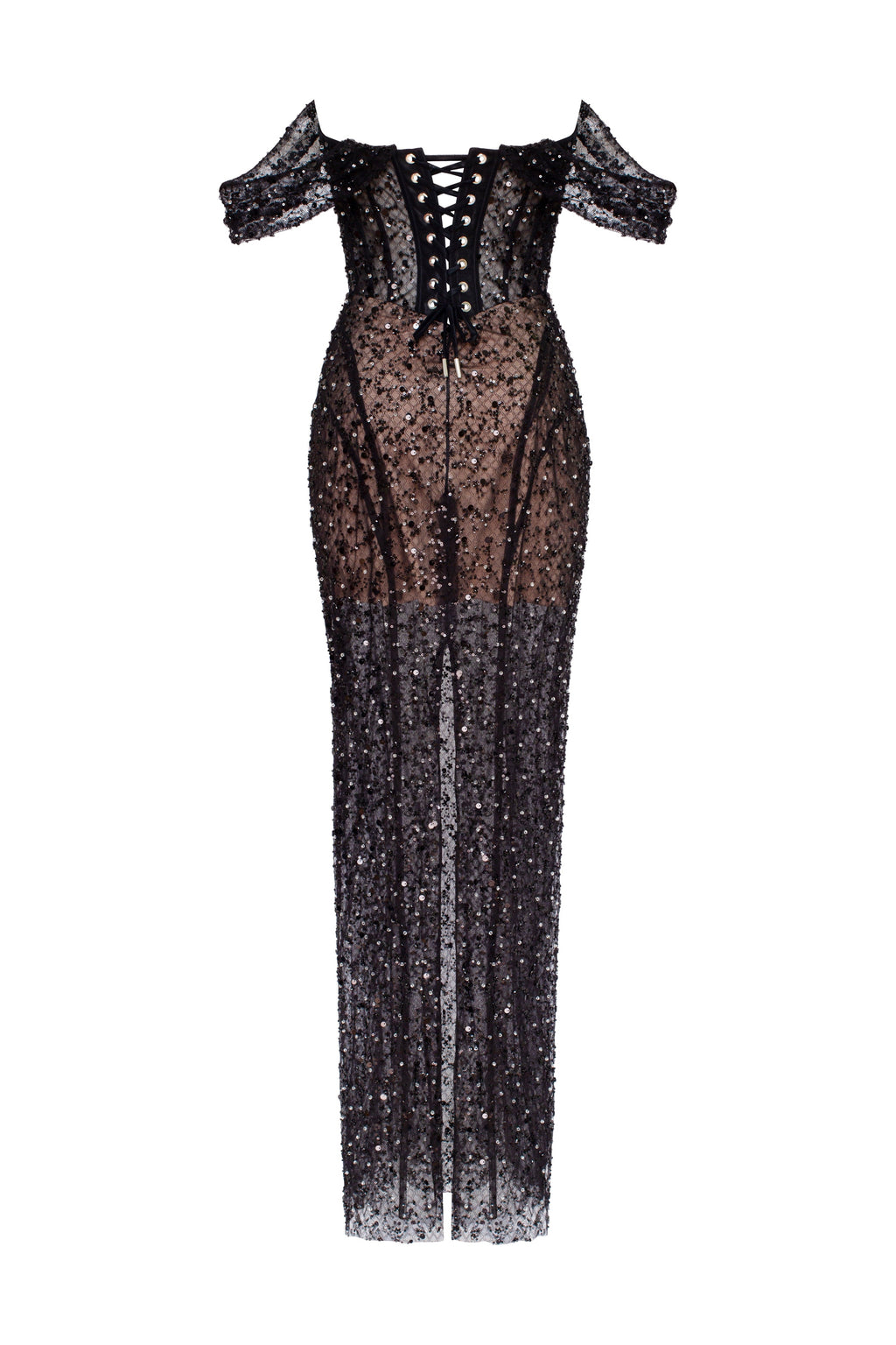 Striking black sequined fitted maxi dress 