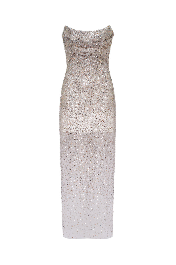 Entrance-worthy semi-sheer sequined silver maxi dress, Midnight Walk