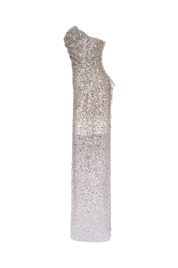 Entrance-worthy semi-sheer sequined silver maxi dress, Midnight Walk