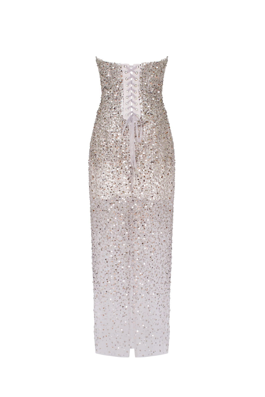 Entrance-worthy semi-sheer sequined silver maxi dress, Midnight Walk