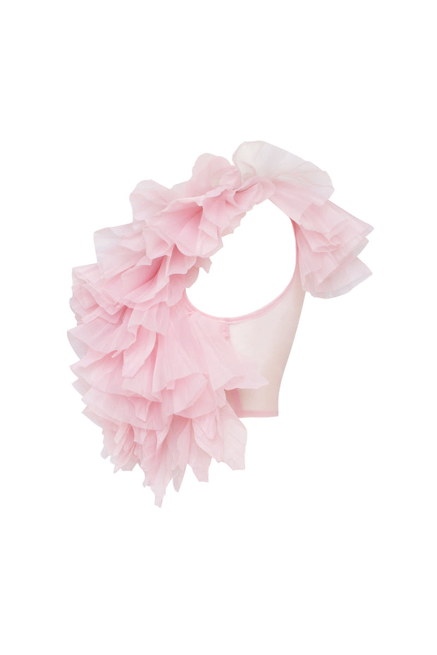 Flirty ruffled one-shoulder organza pink top